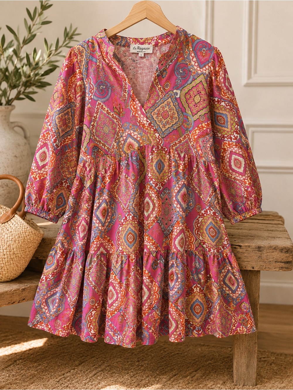 Le Ragazze 100% Linen Dress S Made in Italy Boho Paisley Tiered Pink NWOT
